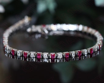 Square 3.00mm Ruby And White Topaz Women Tennis Bracelet in Silver With GB lock, Gift For Anniversary, Antique Bracelet, Unique  Bracelet.