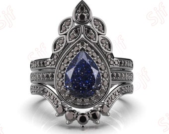 Pear Blue Sandstone Engagement Ring Set, Black Rhodium Sterling Silver