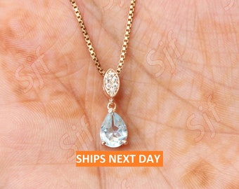 Beautiful Pear 8x6mm Natural Aquamarine Pendant With 18inch Box Chain, 925 Silver Ready To Ship Jewelry for Surprise Gift, Pendant For Love