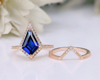 1.95cts Blue Sapphire Gemstone Engagement Ring Set, kite Shape Ring Set For Her, Vintage Art deco Bridal Moissanite Ring Set, Gift For Love