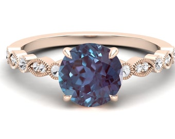 2.35ct AAA Lab Created Alexandrite & Moissanite Round Shape in 14k Rose Gold Plated Engagement Ring, Vintage Art Deco Bridal Solitaire Ring