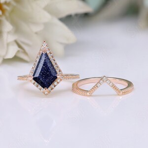 2.45cts AAA natürlicher blauer Sandstein Edelstein-Hochzeitsring-Set für Braut, Weinlese-Art-Deco Moissanite Ring-Set, blauer Steinring-Set für sie.