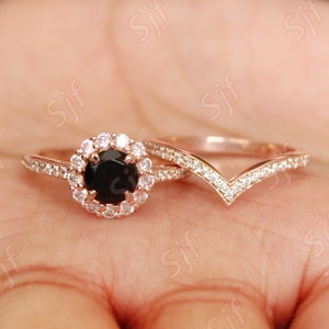 Black Onyx Gemstone Engagement Ring Set, Black Stone Ring, Bridal Moissanite Ring Set, Solitaire Ring Set, Halo Ring Set, Gift For Birthday