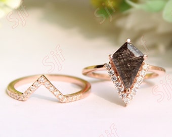 Black Rutiled Engagement Ring set, Kite Cut Natural Black Quartz Wedding Bridal Ring Set, Antique 2PCS Pave Setting Ring For Christmas Gift