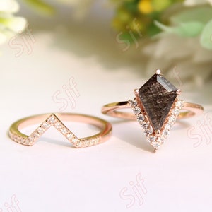 Black Rutiled Engagement Ring set, Kite Cut Natural Black Quartz Wedding Bridal Ring Set, Antique 2PCS Pave Setting Ring For Christmas Gift