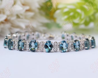 Natural London Blue Topaz Women Tennis Bracelet in Silver With Fish lock, Moissanite Bracelet, Handmade Bracelet For Her, Gift For Valentine