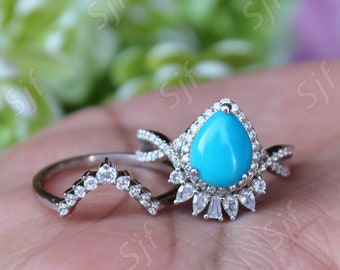 Pear Cabochon Sleeping Beauty Turquoise Wedding Ring Set, 2PCS Art deco Engagement Ring, Gift For Birthday, Halo Bridal Set, Christmas Gift