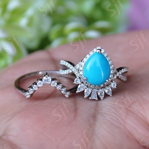 Pear Cabochon Sleeping Beauty Turquoise Wedding Ring Set, 2PCS Art deco Engagement Ring, Gift For Birthday, Halo Bridal Set, Christmas Gift