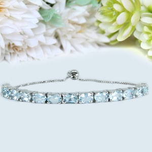 AAA Natural Aquamarine Slider Bolo Bracelet in size 7inch and adjustable, Bracelet For Birthday Gift, March Birthstone, Handmade bracelet