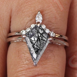 2.15 cts AAA Natural Rutilated Black Quartz Gemstone Wedding Ring Set For Bridal, Art deco Black Rutile Ring Set For her  Kite Rings