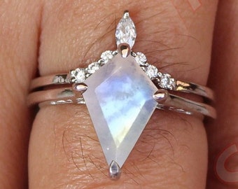 2.25 cts AAA Natural Moonstone Gemstone Wedding Ring Set For Bridal, Art deco Ring Set Blue Fire Moonstone Ring Set For her  Kite Rings