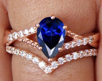 2PCS Pear Shaped Blue Sapphire Engagement Ring Set, Birthstone Ring Set, Baguette Moissanite Halo Ring, Christmas Gift Ring,Promise Ring set