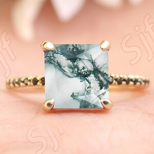 1.95ct, Natural AAA Moss Agate Gemstone Wedding Ring, Square Shape Agate Stone Ring, Vintage Art deco Spinal Ring 14K Gold Engagement Ring image 1