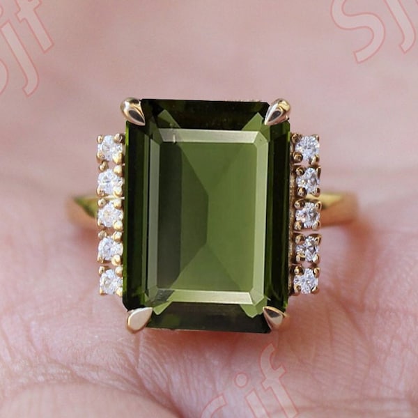 2.85cts Octagon Moldavite Gemstone Wedding Ring, Green Gemstone Ring, Solitaire Ring, Bridal Wedding Engagement Ring Octagon Moldavite Ring