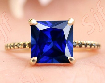 2.75ct, Blue Sapphire Gemstone Wedding Ring, Square Shape Blue Stone Ring, Black Spinal Ring, Christmas Gift For Woman 14K Gold Ring For Her