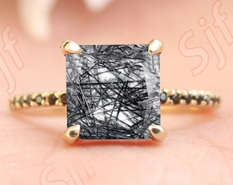 1.95ct, Natural AAA Black Rutilated Quartz Gemstone Wedding Ring Square Black Rutile Stone Ring, Black Spinal Ring 14K Gold Engagement Ring
