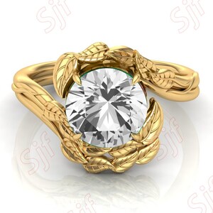 White Topaz Wedding ring, Antique Round Shaped Natural White Topaz Engagement Ring For Her, Topaz Women&#39;s Jewelry, Gift For Mom, Leaf Ring