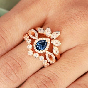 Natural London Blue Topaz Gemstone Engagement Ring set, Art deco Moissanite Ring Set, Blue Stone 3pcs Ring Set, Gift For Valentine