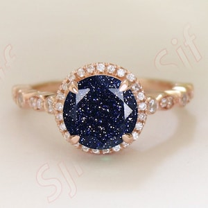 Natural Blue Sandstone Gemstone 14K rose gold plated 925 silver Engagement Ring Art deco Bridal Wedding Blue Sandstone Rings