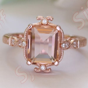 2.75cts,Peach Morganite Gemstone Engagement Ring, Art deco Bridal Moissanite Ring, Octagon Ring, Peach Stone Ring, Gift For Valentine Day