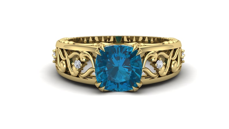 Vintage Art deco Filigree Ring Bridal Moissanite Ring Natural London Blue Topaz Gemstone Wedding Ring Cushion Ring Gift For Anniversary