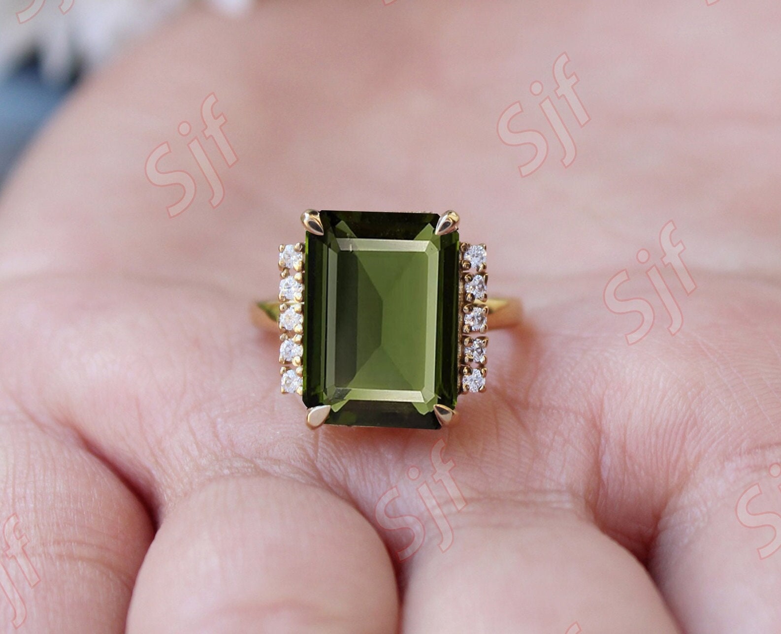 2.85cts Octagon Moldavite Gemstone Wedding Ring, Green Gemstone Ring, Solitaire Ring, Bridal Wedding Engagement Ring Octagon Moldavite Ring