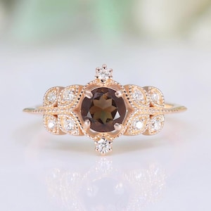 Natural Smokey Quartz Gemstone Engagement Ring 14K Rose Gold 925 Silver Dainty Ring Promise Ring Statement Ring Birthday Gift