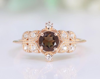 Natural Smokey Quartz Gemstone Engagement Ring 14K Rose Gold 925 Silver Dainty Ring Promise Ring Statement Ring Birthday Gift
