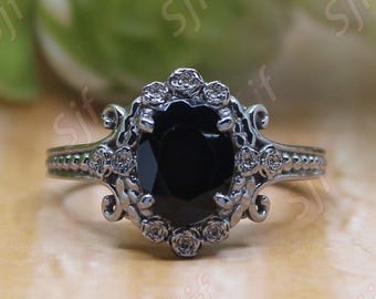 925 Black Onyx Wedding Ring,Vintage Art deco Floral Ring For Her,rose flower Ring jewelry Beautiful black gold ring , Gift for wife birthday