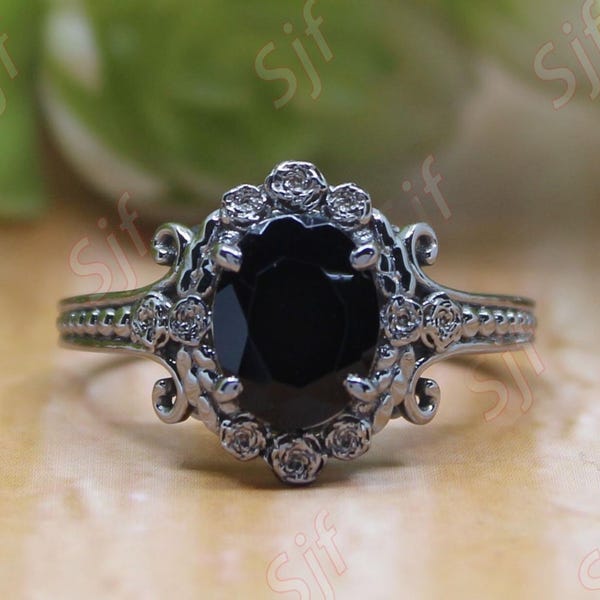 Anillo de boda: Ónix negro vintage con diseño floral - Plata de ley 925
