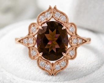 925 Sterling Silver Smoky Quartz Ring Rose Gold Plated Moissanite Ring Engagement Wedding Ring Statement Ring Gift for Her Anniversary