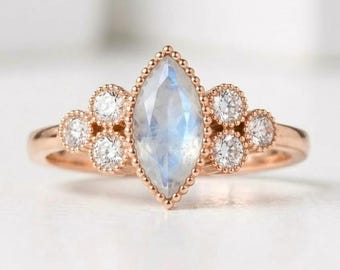 Moonstone Moissanite Ring, 925 Sterling Silver Rose Gold Ring, Engagement Wedding Statement Ring, Promise Ring Bride's Maid Ring