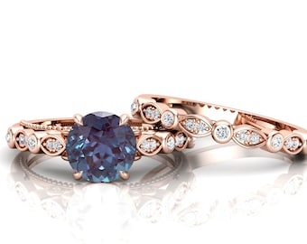 Alexandrite Ring, Round Shaped Alexandrite Engagement Ring Set, Art deco 2PCS Ring Set For Anniversary Gift, Birthstone Ring, Gift For Women