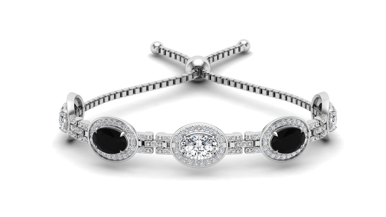 Oval Bracelet Halo Bracelet. Oval 7x5 Black Onyx /& White Topaz Women Slider Bracelet In Silver With Slide Lock Handmade Bracelet For Her