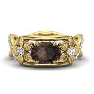 Oval Smokey Quartz Gemstone Engagement Ring, Vintage Art deco Moissanite Ring, Unique Flower Ring, 925 Silver Nature Inspired Ring