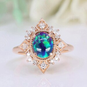 Oval Peacock Opal Gemstone Engagement Ring Vintage Art deco Bridal Moissanite Ring 14K Rose Gold 925 Silver Ring Promise Ring For Love