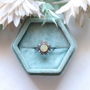 Round 8.00 Natural Ethiopian Opal Wedding Bridal Ring Art deco Bridal Ring Black Rhodium Engagement Wedding Black Gold Metal Ring For Her 画像 9