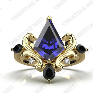 AAAA Natural Royal Blue Tanzanite Engagement Gold Ring, D'Block Tanzanite Solid Gold Ring, Vintage Art deco Kite Shape Tanzanite Gold Ring, image 8