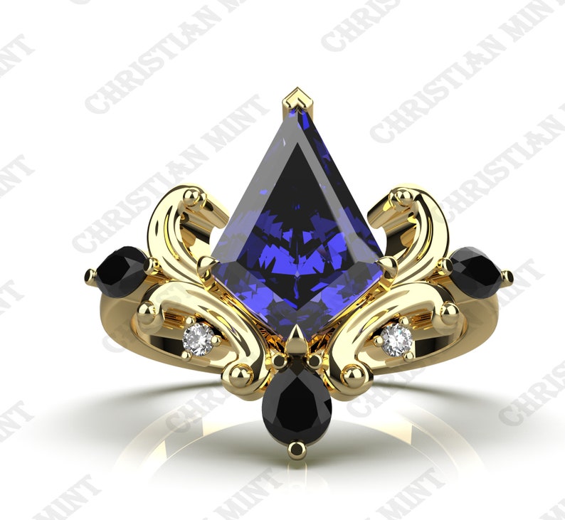 AAAA Natural Royal Blue Tanzanite Engagement Gold Ring, D'Block Tanzanite Solid Gold Ring, Vintage Art deco Kite Shape Tanzanite Gold Ring, image 8