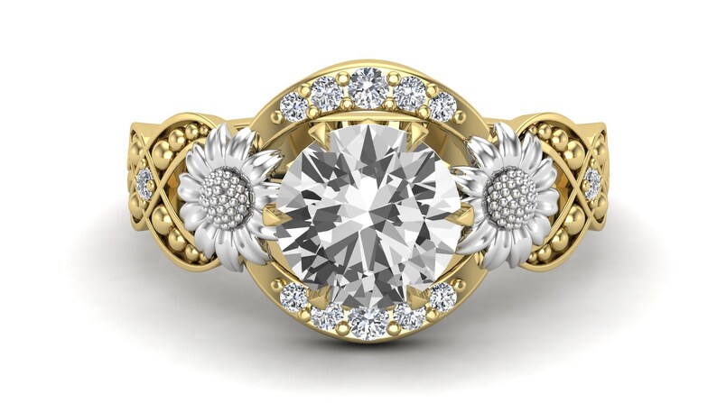 2.35ct, AAA Natural White Topaz Gemstone Engagement Ring, Bridal Moissanite Ring, Art deco Sunflower Ring, Two shops Tone Ring, Gift For Love, Her