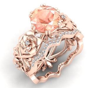 2.70 ct AAA Peach Morganite & Moissanite in 14K Rose Gold-Plated Engagement Ring Set Vintage Unique Flower Art Deco Ring Set for Women Gift