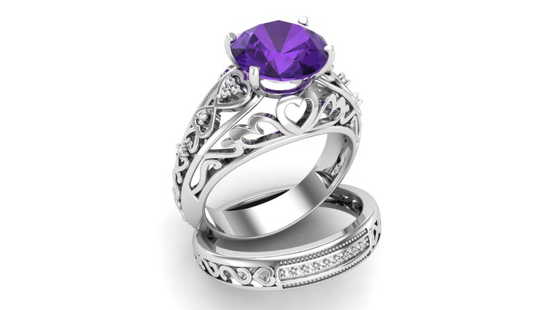 Bridal Moissanite Ring Set 2.88ct AAA African Amethyst Gemstone and Pave Set Engagement Ring Set Purple Stone Ring Christmas Gift For Her