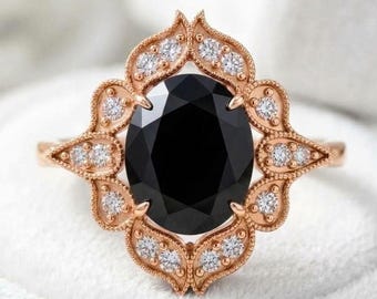 925 Sterling Silver Black Onyx Ring Rose Gold Plated Moissanite Ring Engagement Wedding Ring Statement Ring Gift for Her Anniversary