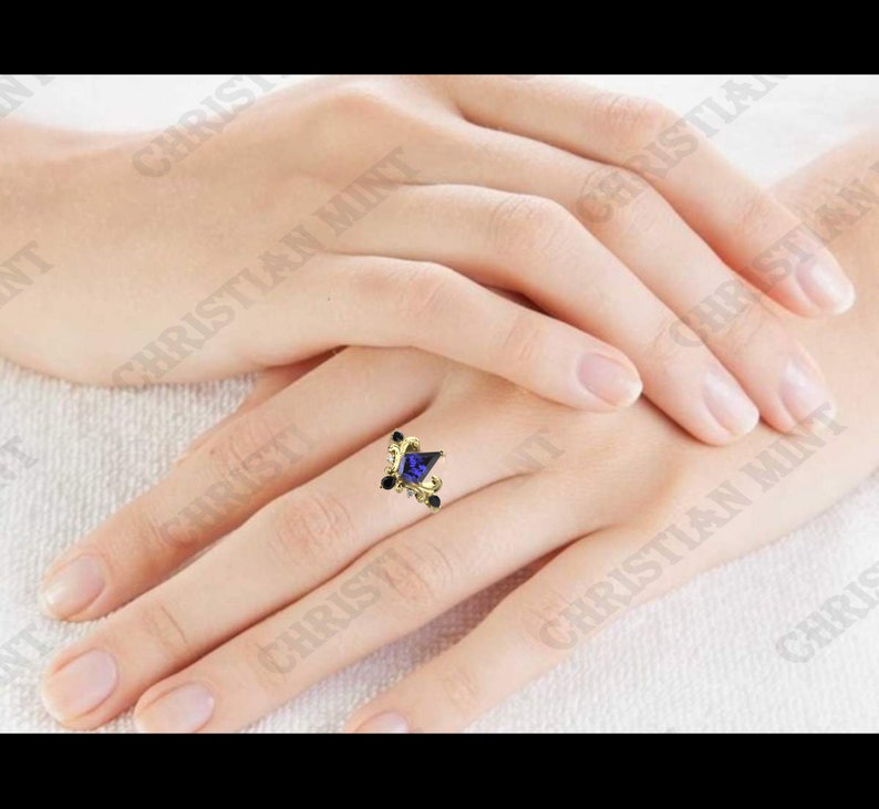 AAAA Natural Royal Blue Tanzanite Engagement Gold Ring, D'Block Tanzanite Solid Gold Ring, Vintage Art deco Kite Shape Tanzanite Gold Ring, image 2