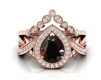 Pear 9x7mm Natural Black Onyx Engagement Ring Set, 2PCS Wedding Ring Set For Her, Christmas Gift Ring, Vintage Art deco Bridal Ring Set..