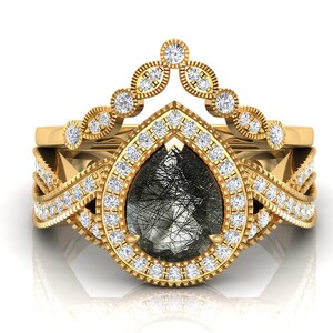 Beautiful Natural Black Rutiled Engagement Ring Set, 2PCS Wedding Ring Set For Her, Christmas Gift Ring, Teardrop Bridal Ring, Halo Ring Set 925 Yellow plated