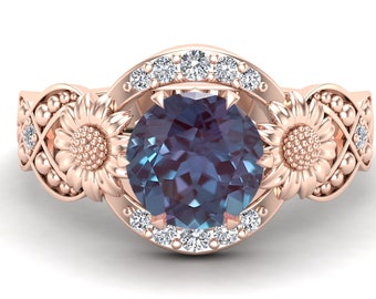 Alexandrite Sunflower Ring - Art Deco Style, Rose Gold Plated