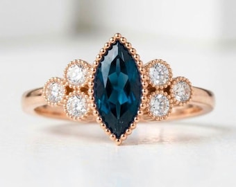 London Blue Topaz Moissanite Ring, 925 Sterling Silver Rose Gold Ring, Engagement Wedding Statement Ring, Promise Ring Bride's Maid Ring