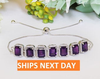 7.00cts  Natural Amethyst Slider Bracelet, Solid 925 Silver Ready To Ship Bracelet For Gift, Bolo Bracelet, Next Day Ship Handmade Jewelry