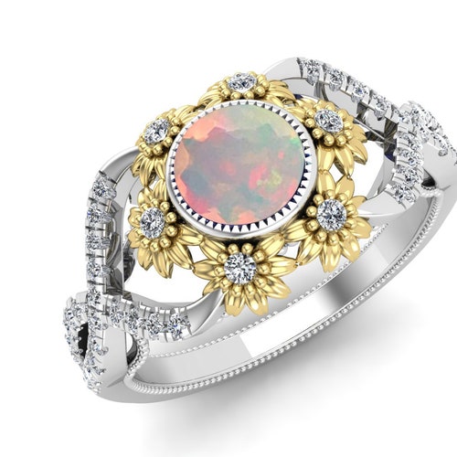 AAA Natural Opal Gemstone Engagement Ring, Bridal shops Moissanite Ring, Art deco Sunflower Ring, Two Tone Ring, Gift For Love, Gift For Women